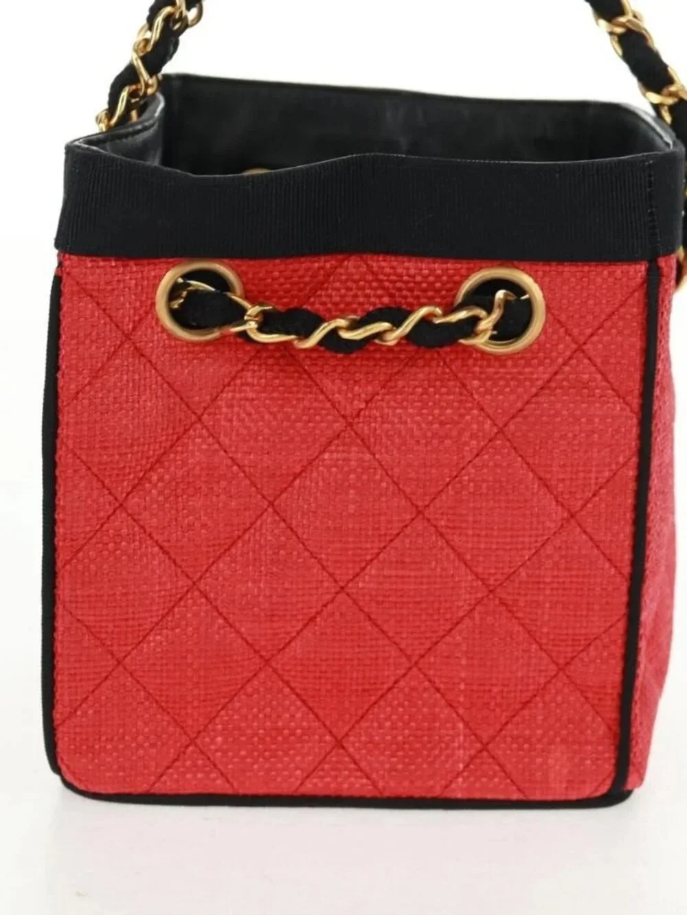 CHANEL Chain Hand Bag Raffia Red Gold CC Auth 162896V